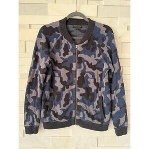 BAREFOOT DREAMS CozyChic Blue Camo Zip-Up Bomber Cardigan Sweater Jacket S
